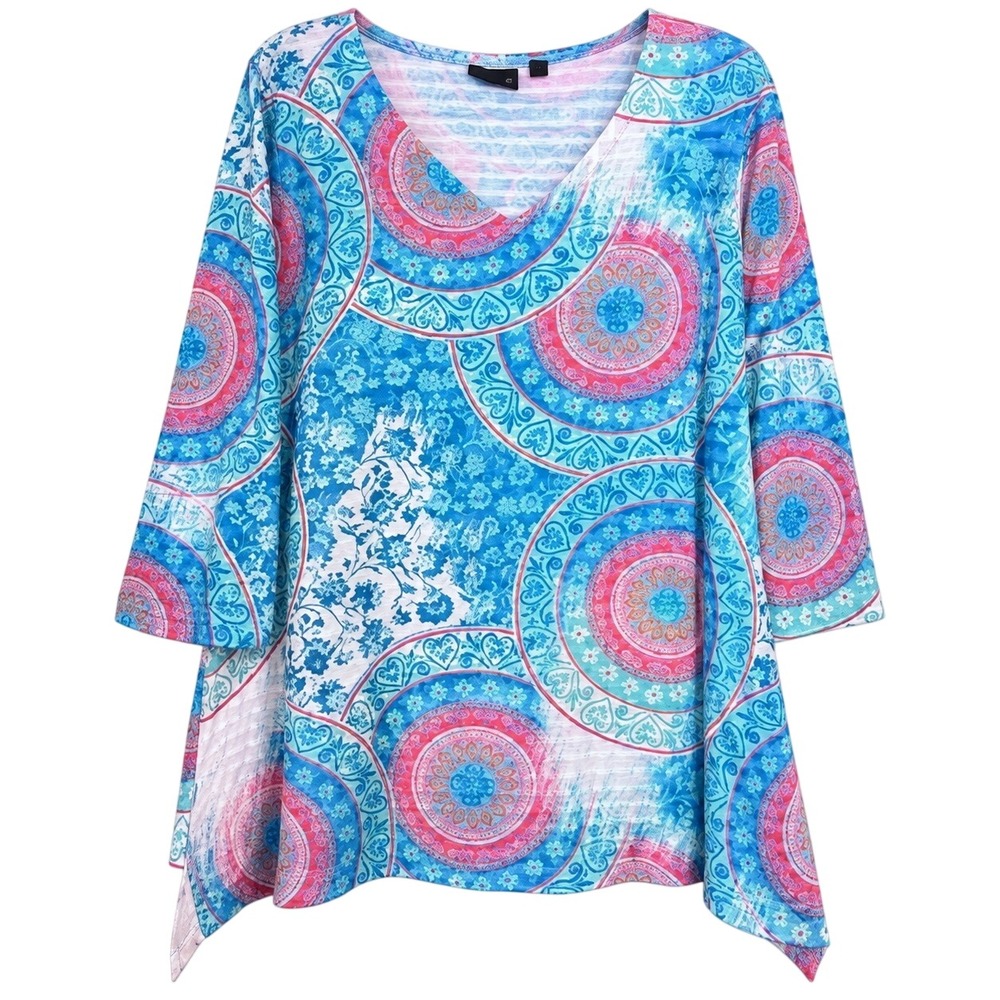 Onque Casual Womens‎ 3X Pink Blue Print 3/4 Sleeve Plus Size Blouse Top